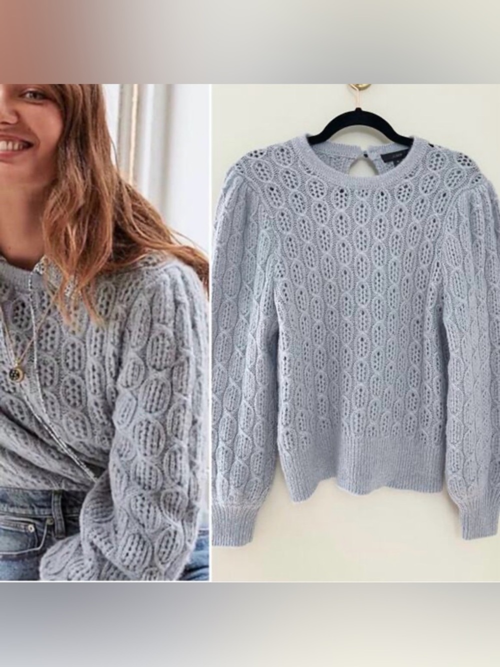 J. Crew Classic Feminine Blue Balloon Sleeve Alpaca Cable Knit Blue Sweater Sm